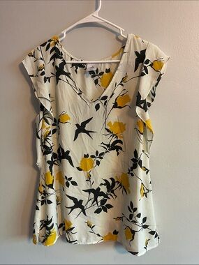 CAbi Yellow & Black Floral V-Neck Blouse